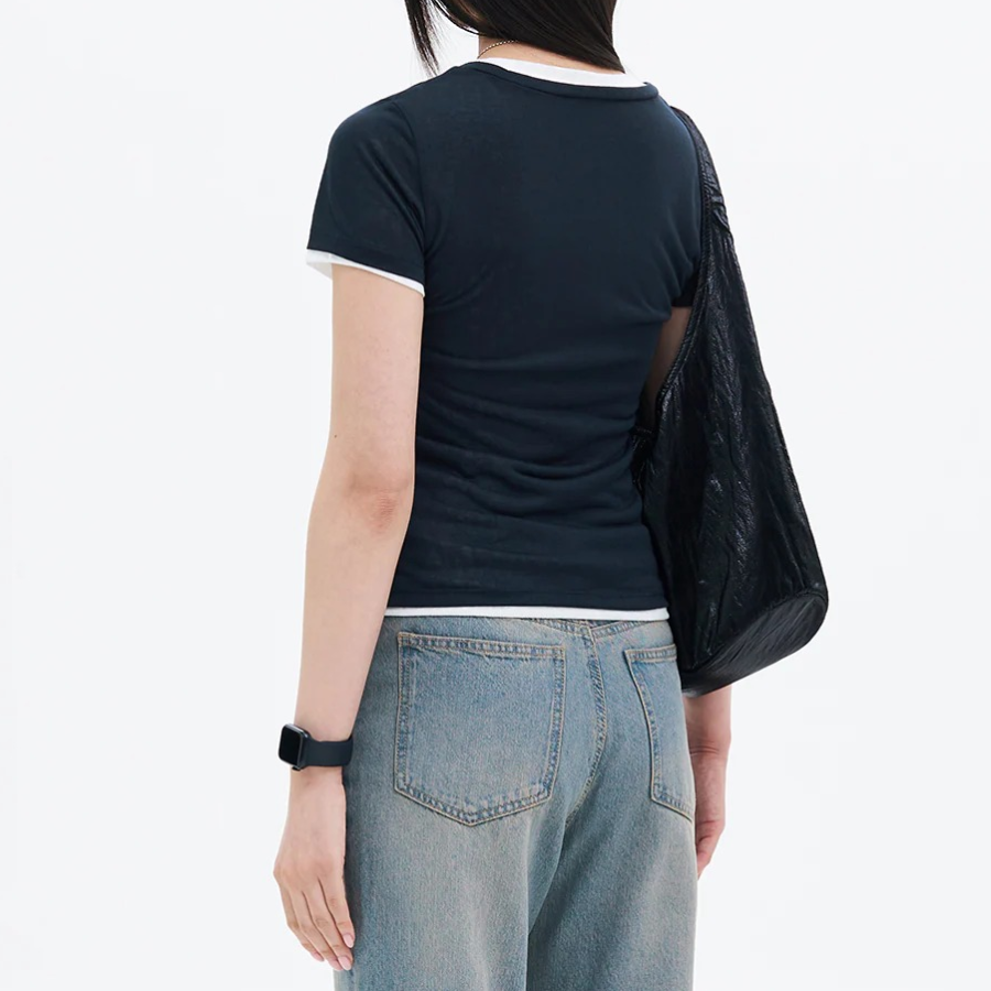 8 seconds Layered Sheer Short Sleeve T-Shirt — Navy