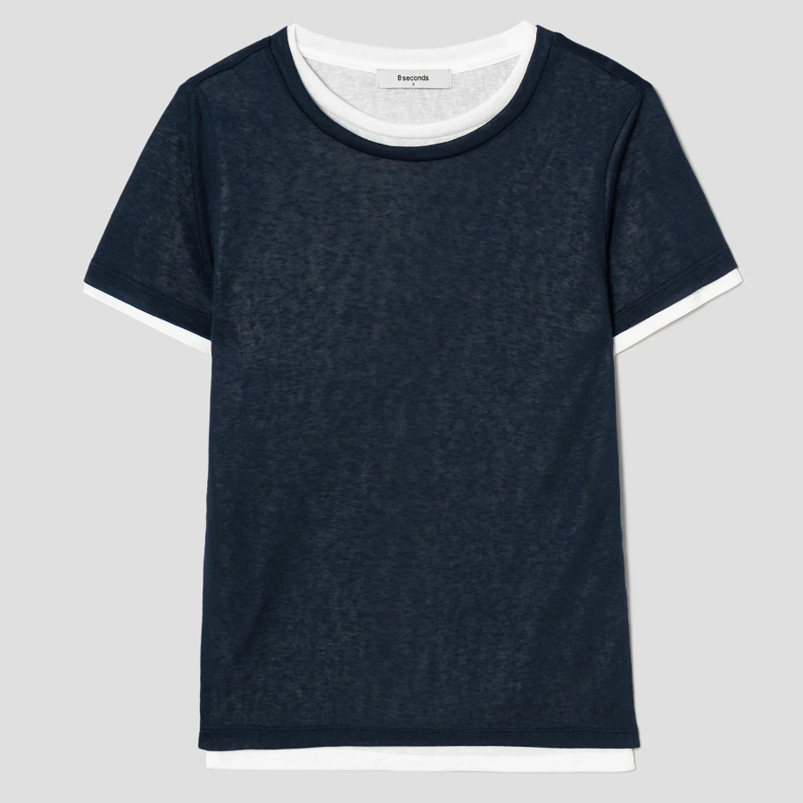8 seconds Layered Sheer Short Sleeve T-Shirt — Navy