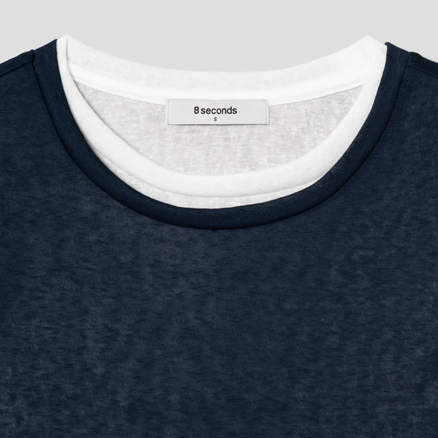 8 seconds Layered Sheer Short Sleeve T-Shirt — Navy
