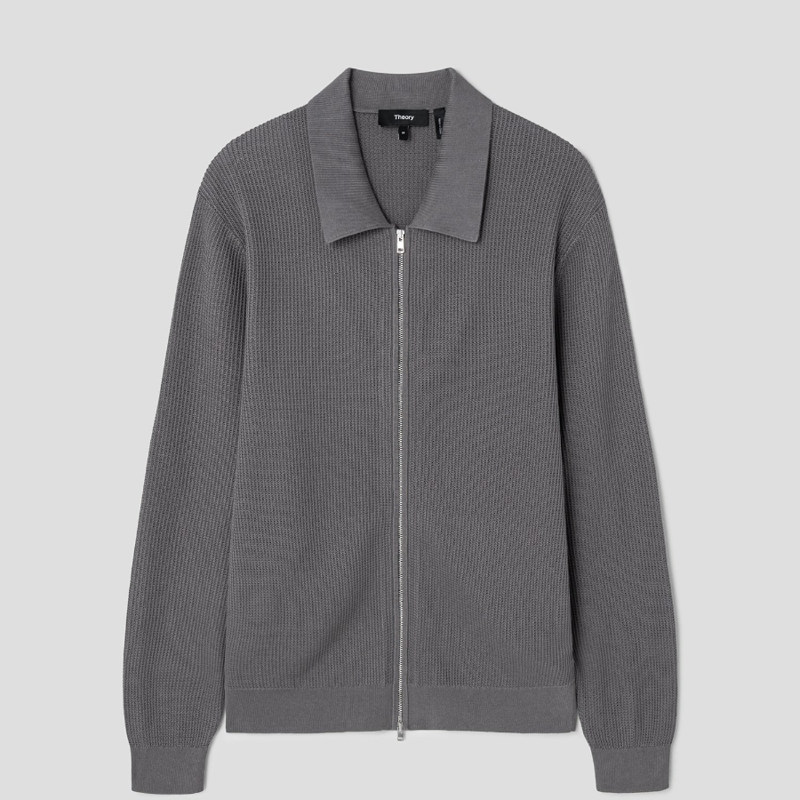 Theory Men Tactile Cotton Mesh Polo Full Zip Cardigan - Carbon
