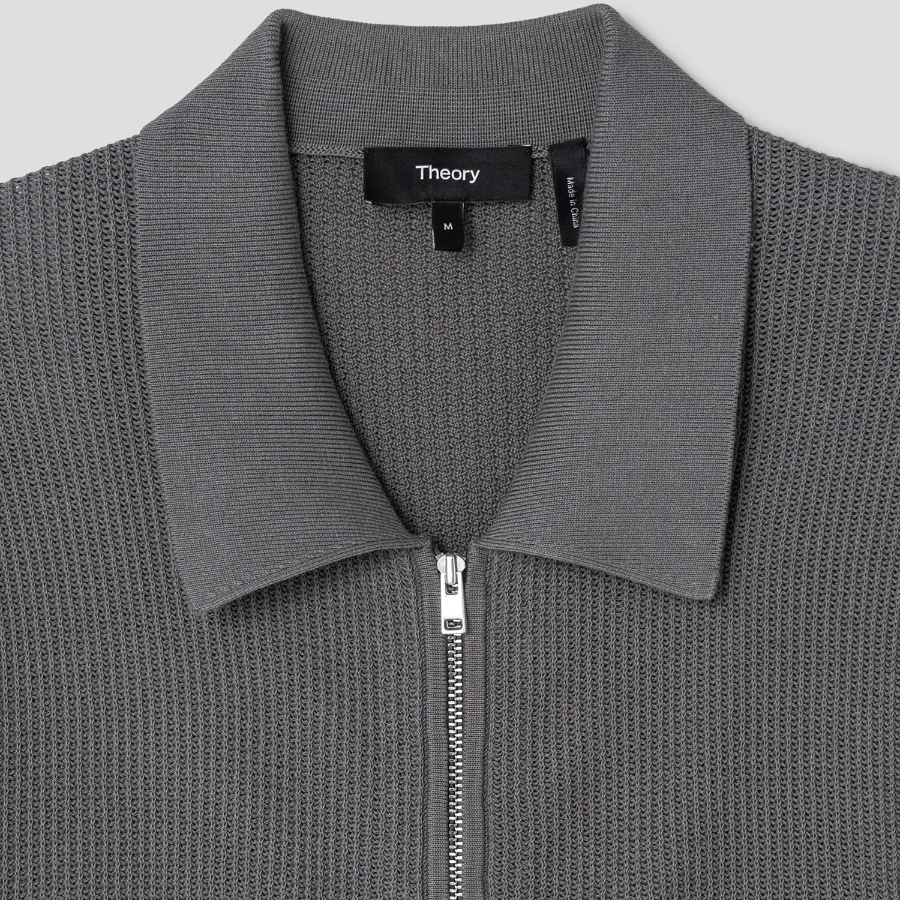 Theory Men Tactile Cotton Mesh Polo Full Zip Cardigan - Carbon