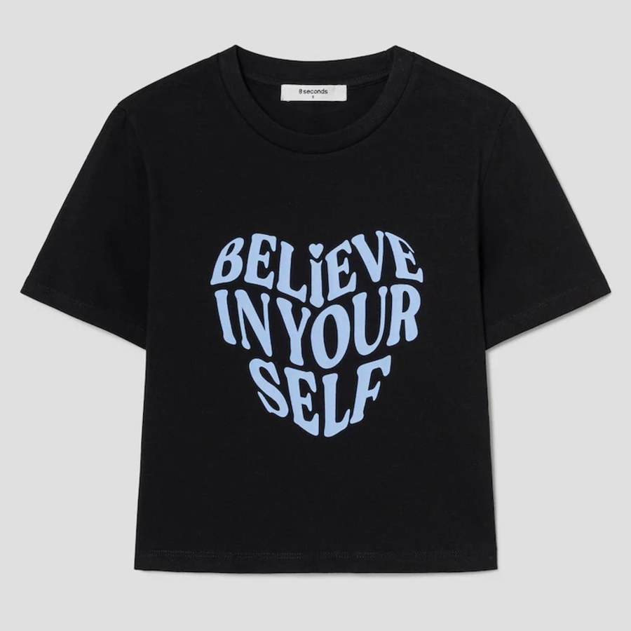 8 seconds Cropped Slim Fit Graphic T-Shirt — Black