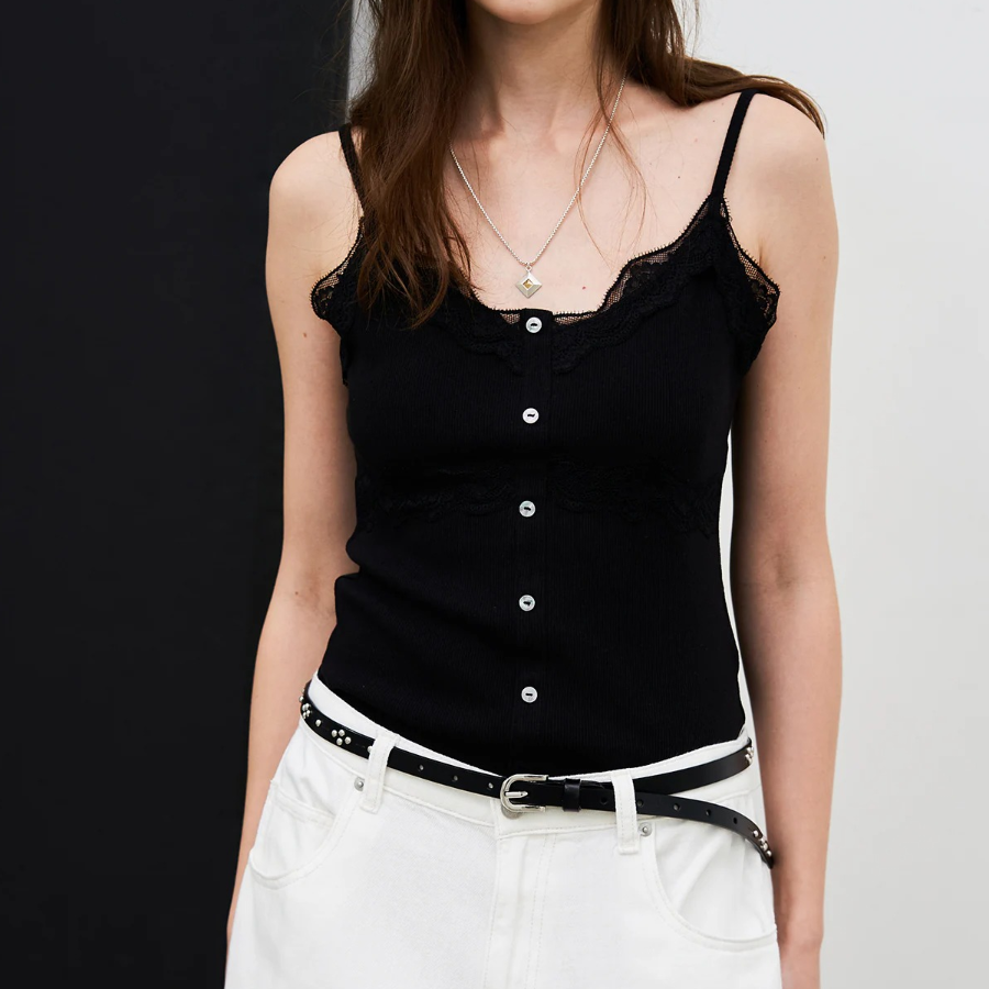 8 seconds Lace Ribbed Tank Top — Black