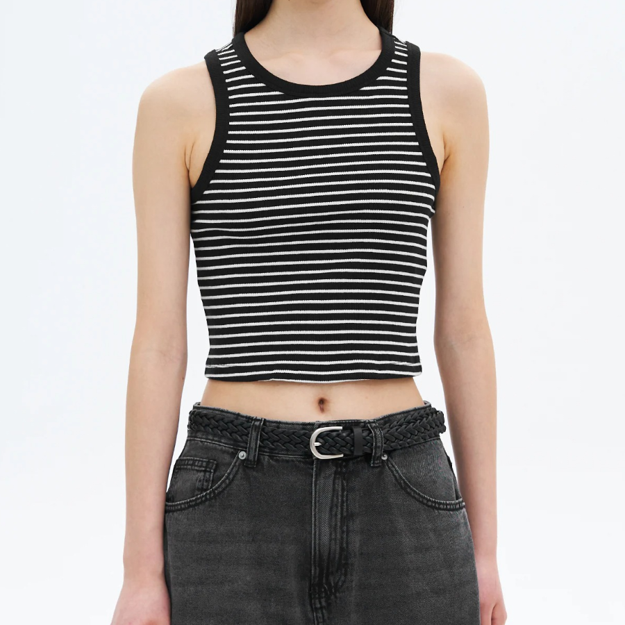 8 seconds Striped Semi-Crop Tank Top – Black