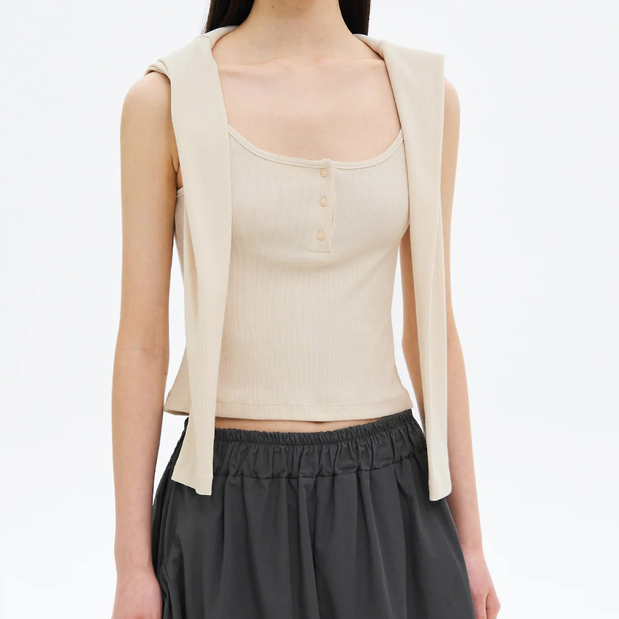8 seconds Ribbed Button-Up Cardi Top – Beige