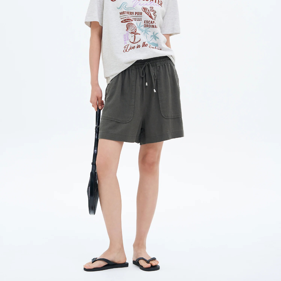 8 seconds Linen Blend Banding Shorts — Khaki