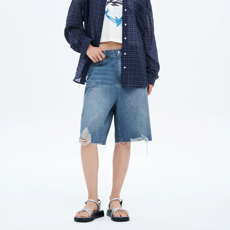 8 seconds Damaged Bermuda Denim Shorts — Sky Blue