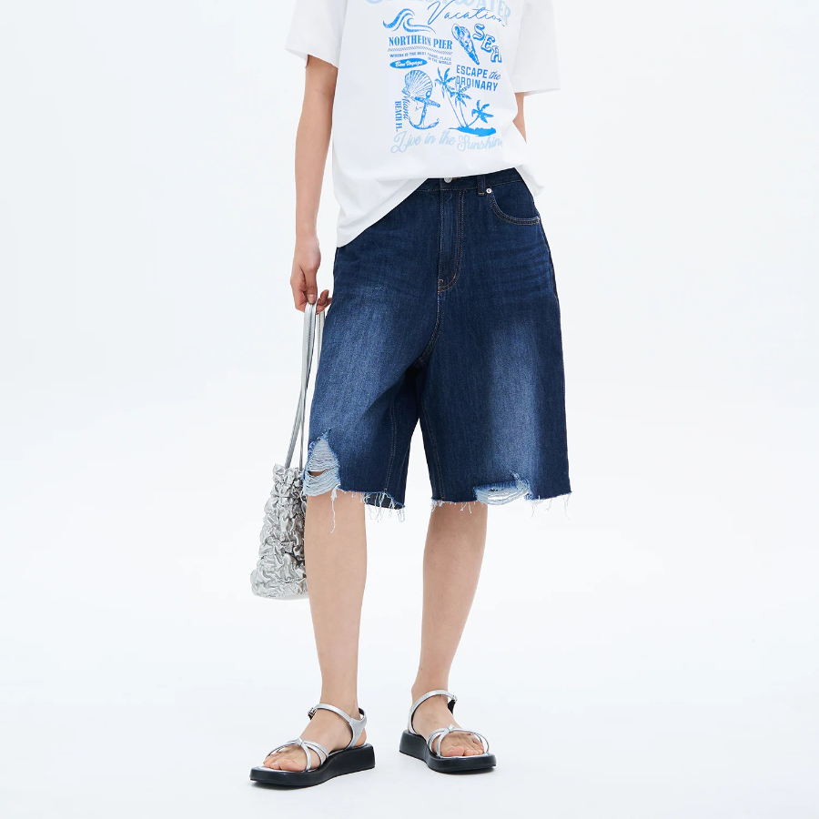 8 seconds Damaged Bermuda Denim Shorts — Navy