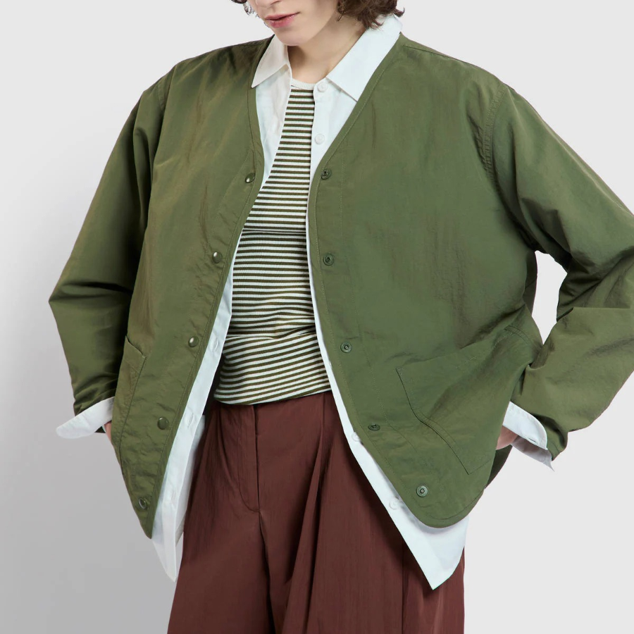 JAJU Pocket No-Collar Button Jacket – Khaki