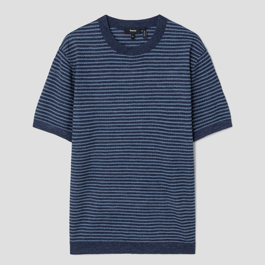 Theory Men Pacific Linen Stripe Sweater - Baltic/Dark Rainstorm