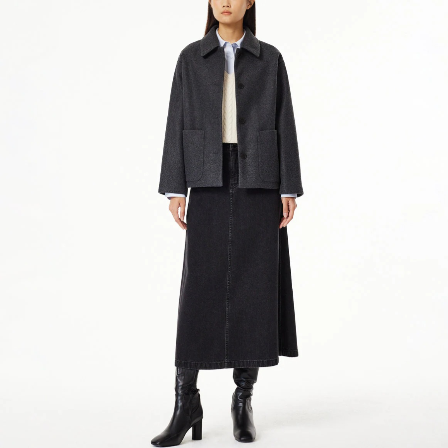 JAJU Loose-Fit Collar Pocket Coat – Charcoal