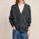 ami (Unisex) Red Adc Cardigan – Wool Viscose Canvas Heather Grey