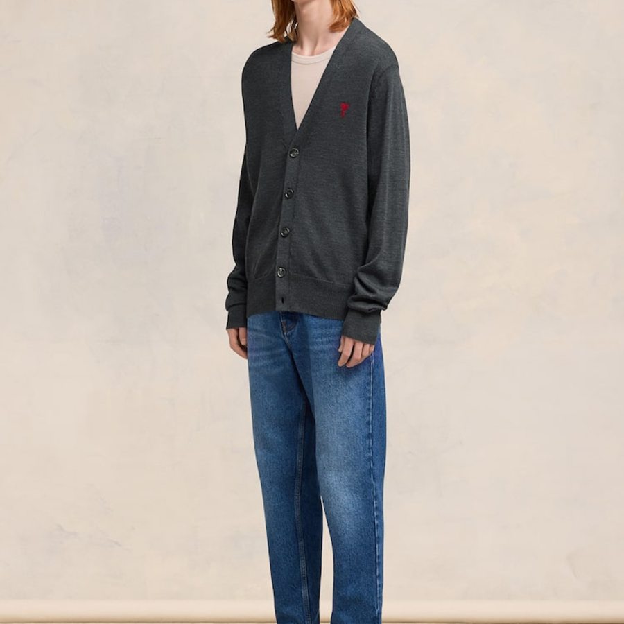ami (Unisex) Red Adc Cardigan – Wool Viscose Canvas Heather Grey