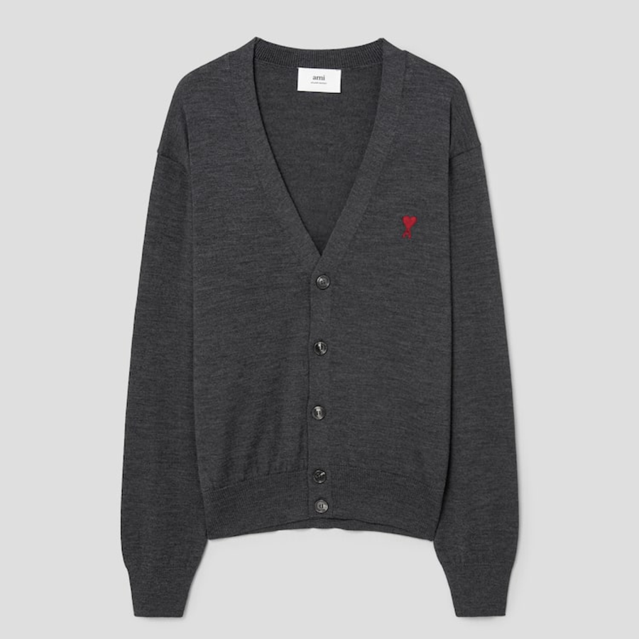 ami (Unisex) Red Adc Cardigan – Wool Viscose Canvas Heather Grey