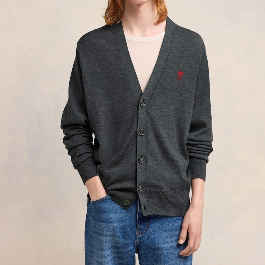 ami (Unisex) Red Adc Cardigan – Wool Viscose Canvas Heather Grey