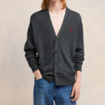 ami (Unisex) Red Adc Cardigan – Wool Viscose Canvas Heather Grey