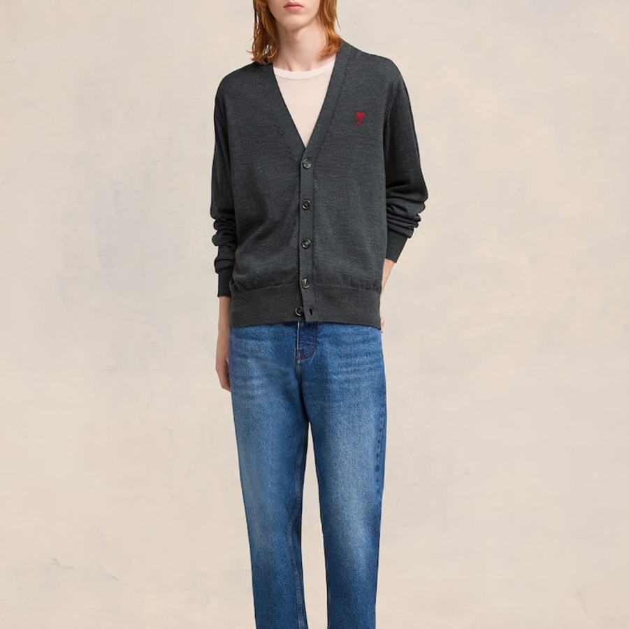 ami (Unisex) Red Adc Cardigan – Wool Viscose Canvas Heather Grey