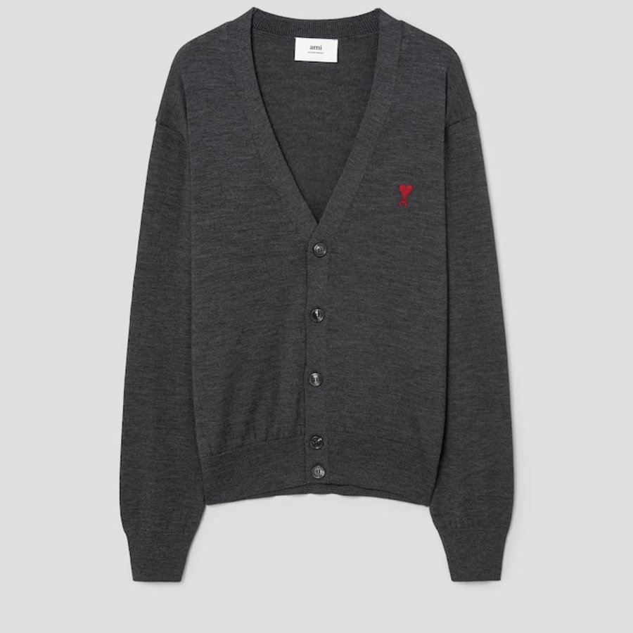 ami (Unisex) Red Adc Cardigan – Wool Viscose Canvas Heather Grey