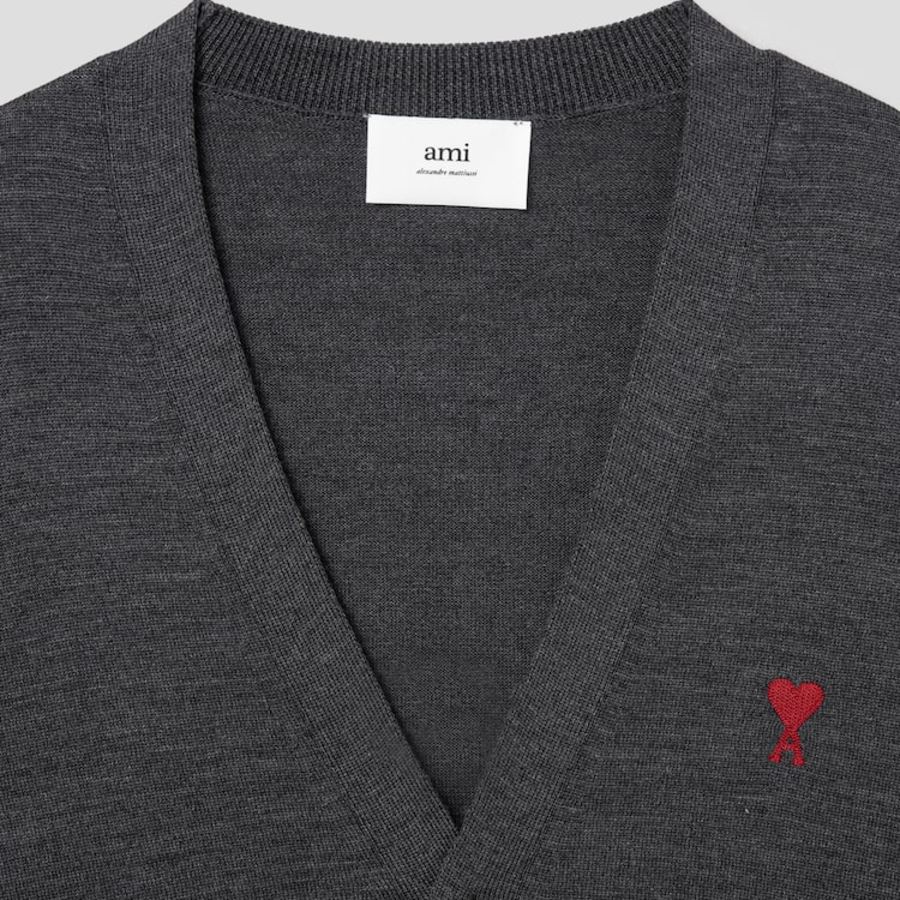 ami (Unisex) Red Adc Cardigan – Wool Viscose Canvas Heather Grey