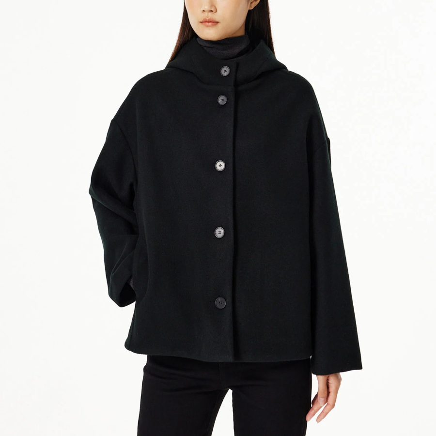 JAJU Loose Fit Hooded Coat – Black