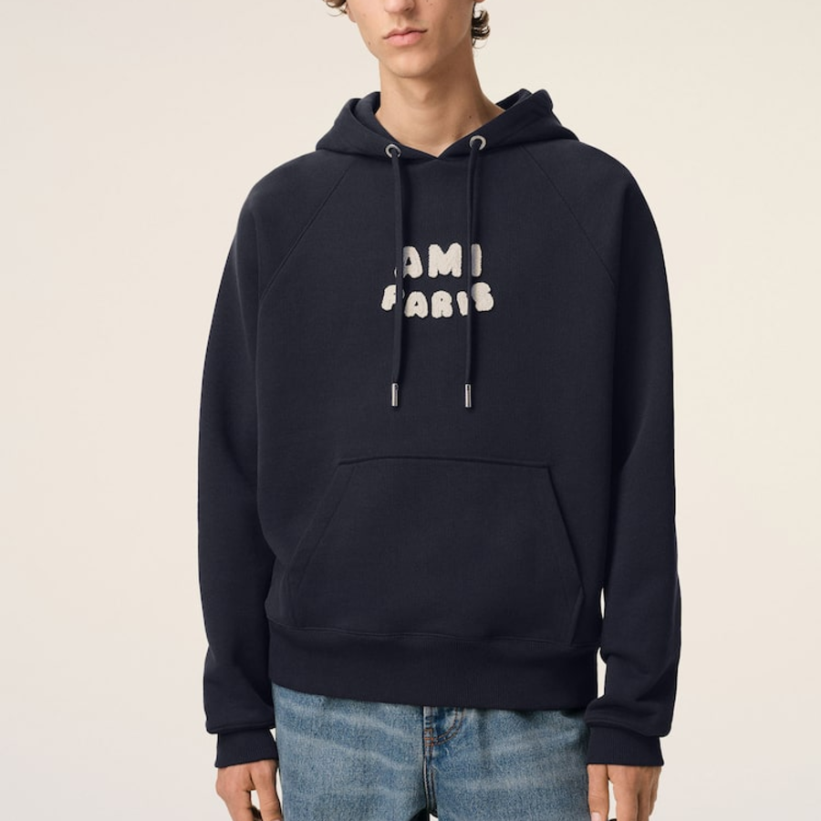 ami (Unisex) Ami Paris Croche Hoodie – Navy Blue