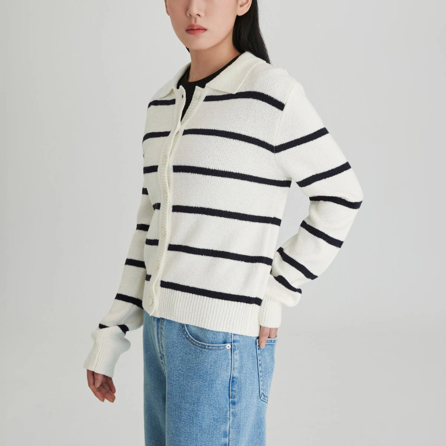 JAJU Stripe Collar Cardigan – Light Navy