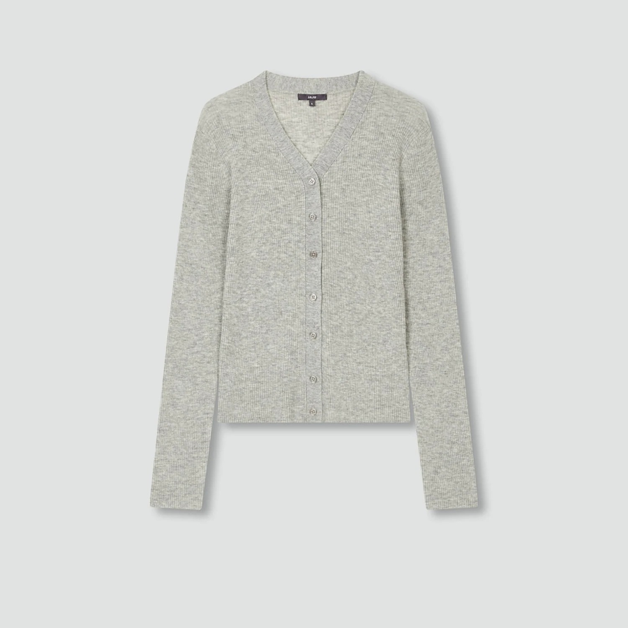 JAJU Ribbed V-Neck Knit Cardigan – Grey