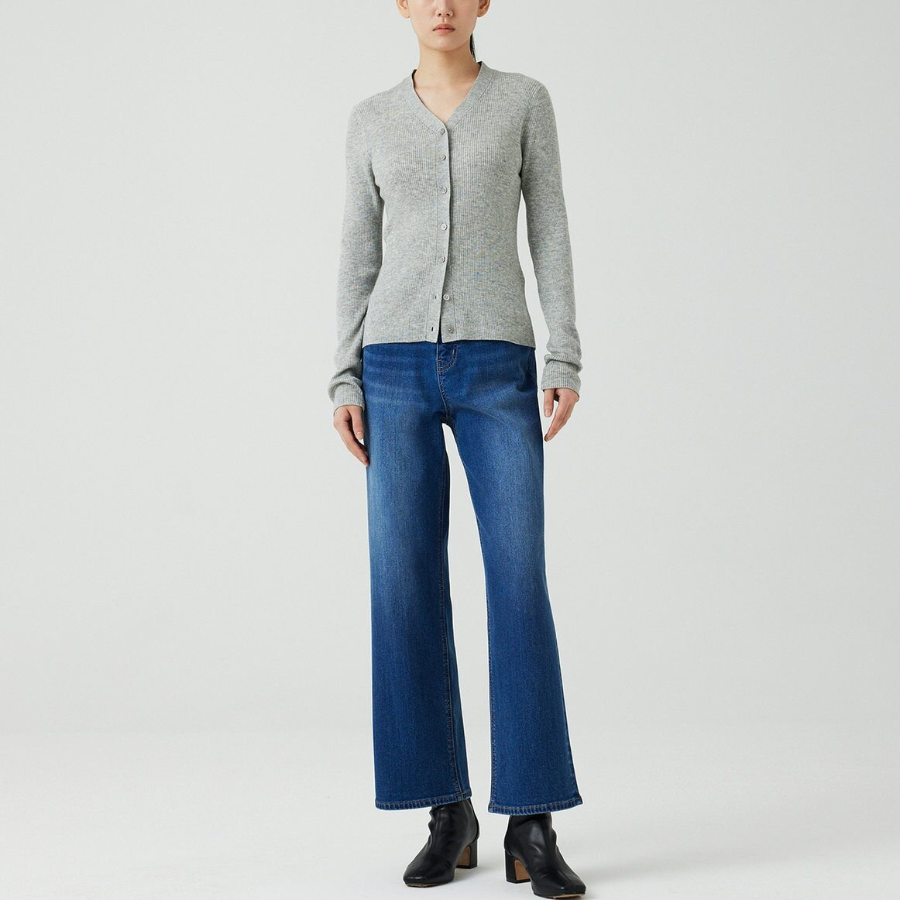 JAJU Ribbed V-Neck Knit Cardigan – Grey