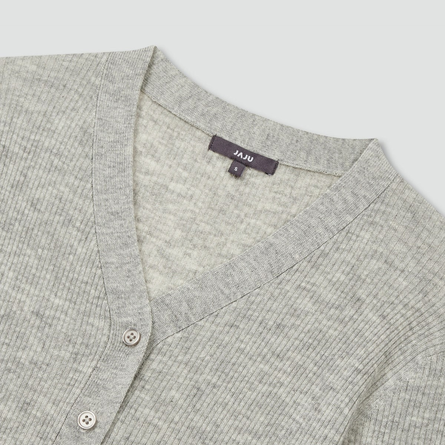 JAJU Ribbed V-Neck Knit Cardigan – Grey