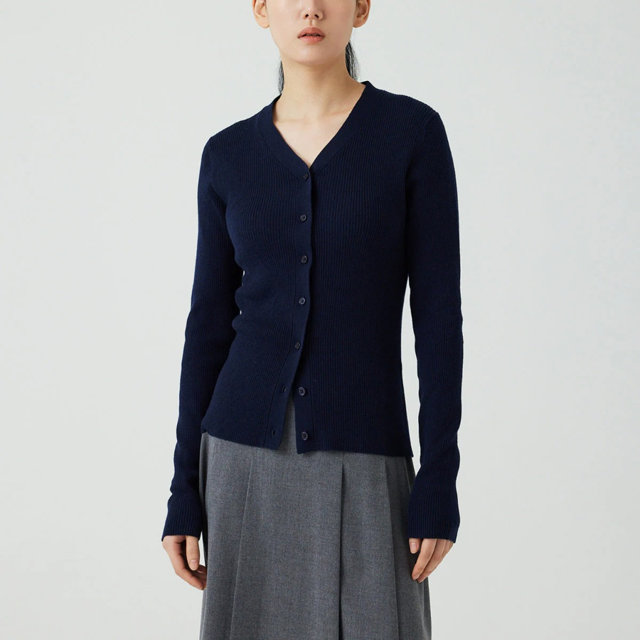 JAJU Rib V-Neck Knit Cardigan – Navy