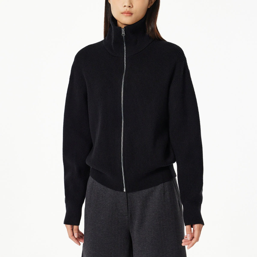 JAJU Zip-Up Knit Cardigan – Black