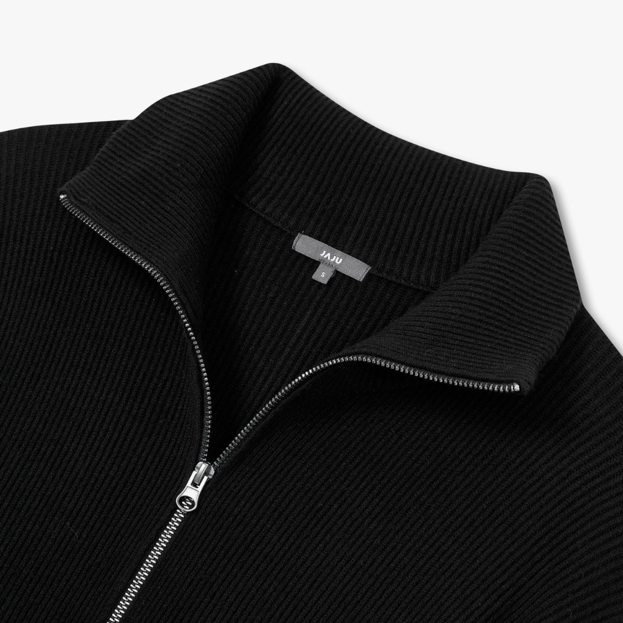 JAJU Zip-Up Knit Cardigan – Black