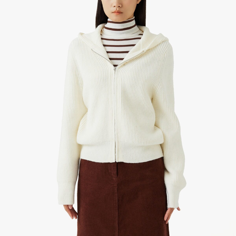 JAJU Hairy Hooded Zip-Up Cardigan – Ivory