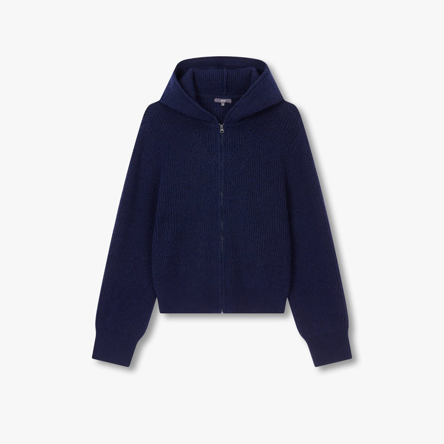 JAJU Hairy Hooded Zip-Up Cardigan – Navy