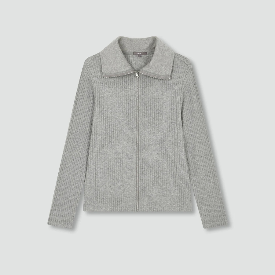 JAJU Hairy Ribbed Zip-Up Cardigan – Melange Grey