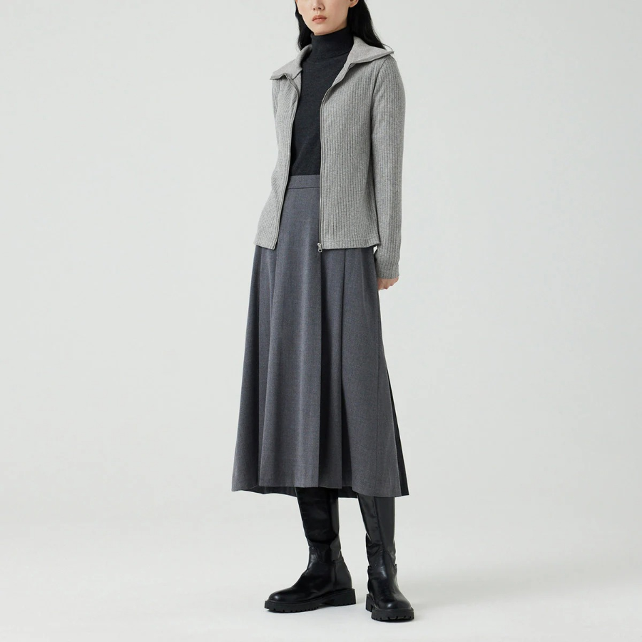 JAJU Hairy Ribbed Zip-Up Cardigan – Melange Grey