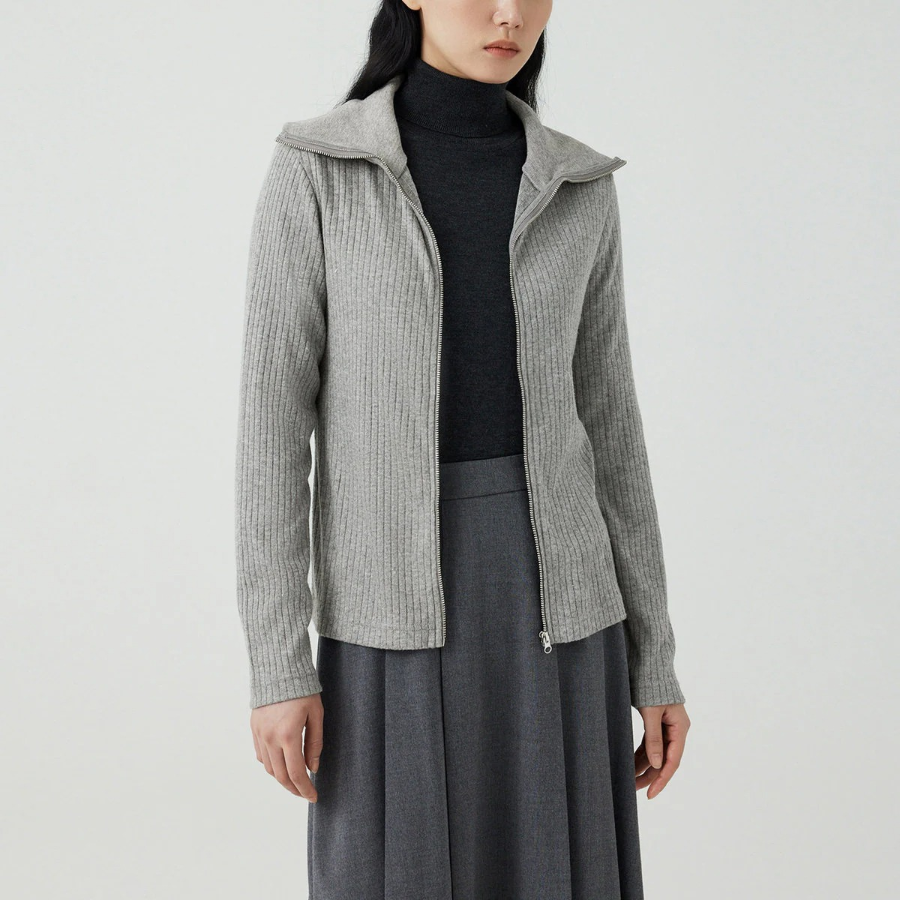 JAJU Hairy Ribbed Zip-Up Cardigan – Melange Grey