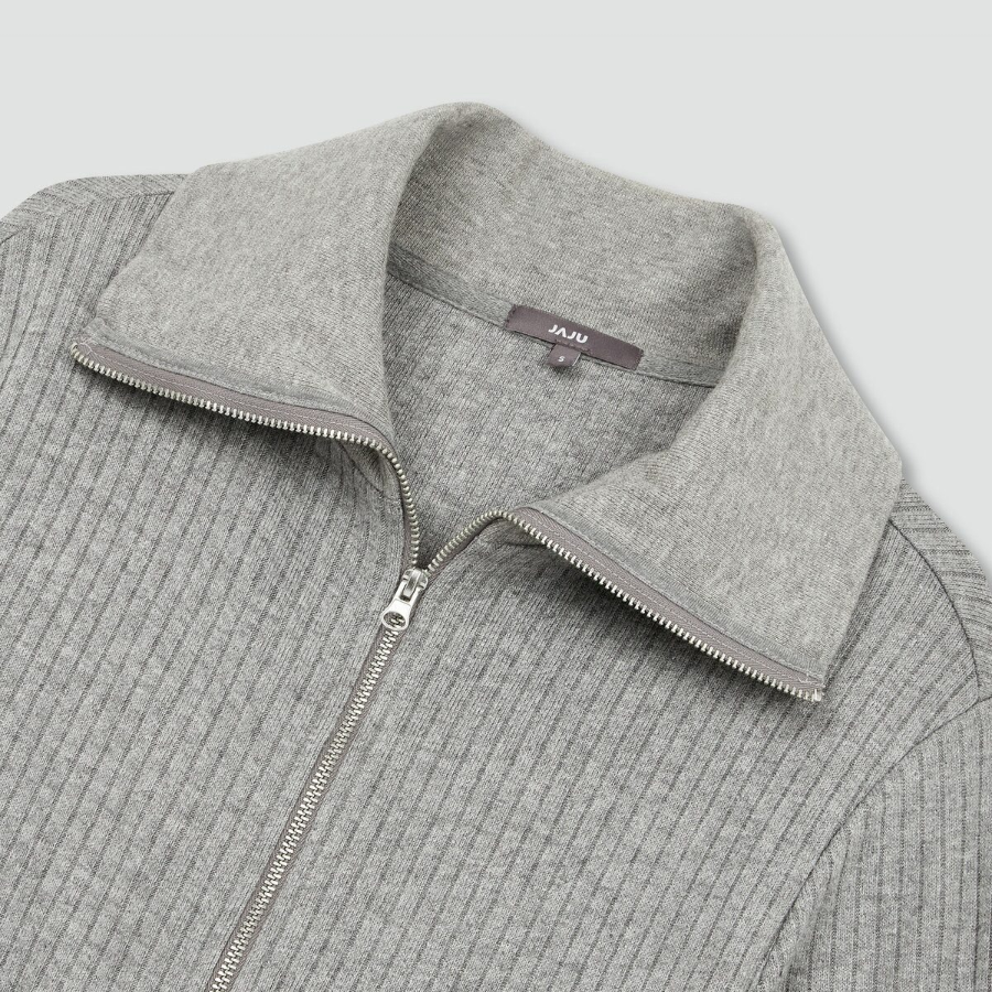 JAJU Hairy Ribbed Zip-Up Cardigan – Melange Grey