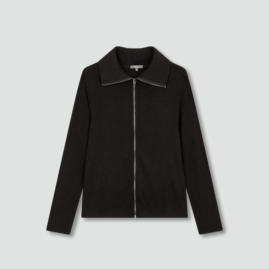 JAJU Hairy Ribbed Zip-Up Cardigan – Black