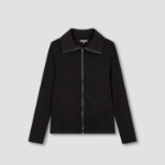 JAJU Hairy Ribbed Zip-Up Cardigan – Black