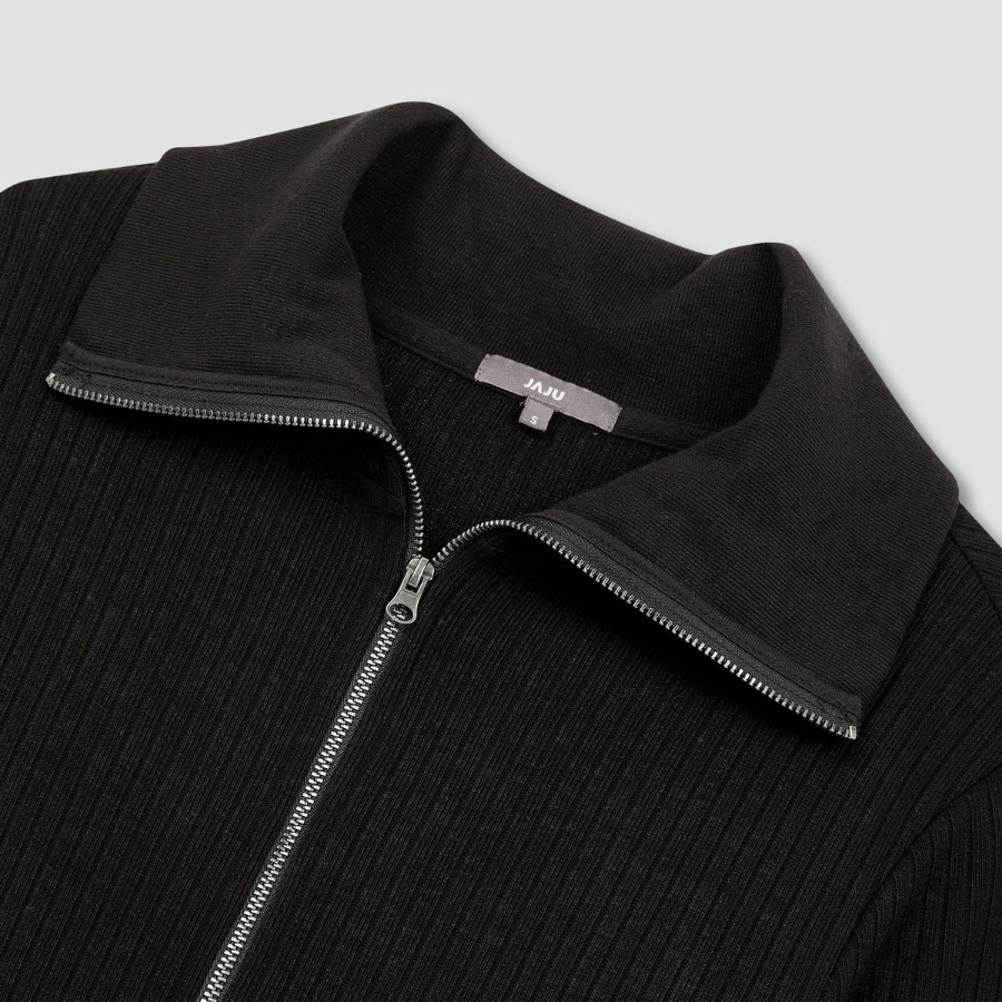 JAJU Hairy Ribbed Zip-Up Cardigan – Black