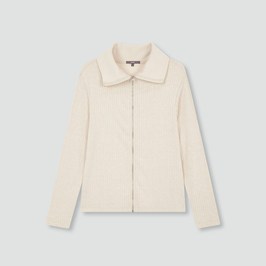JAJU Hairy Ribbed Zip-Up Cardigan – Beige