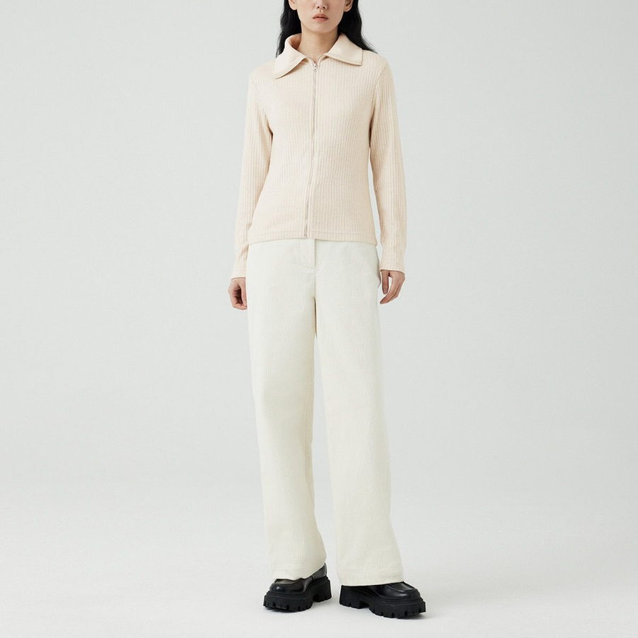 JAJU Hairy Ribbed Zip-Up Cardigan – Beige