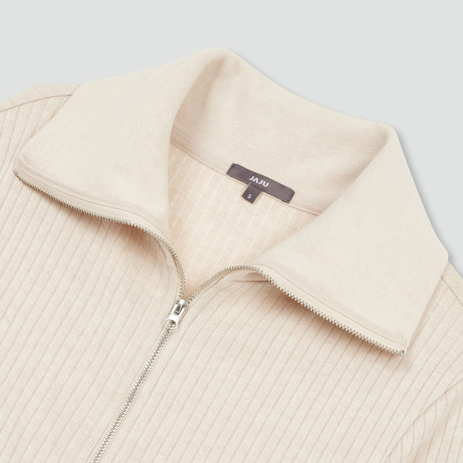 JAJU Hairy Ribbed Zip-Up Cardigan – Beige