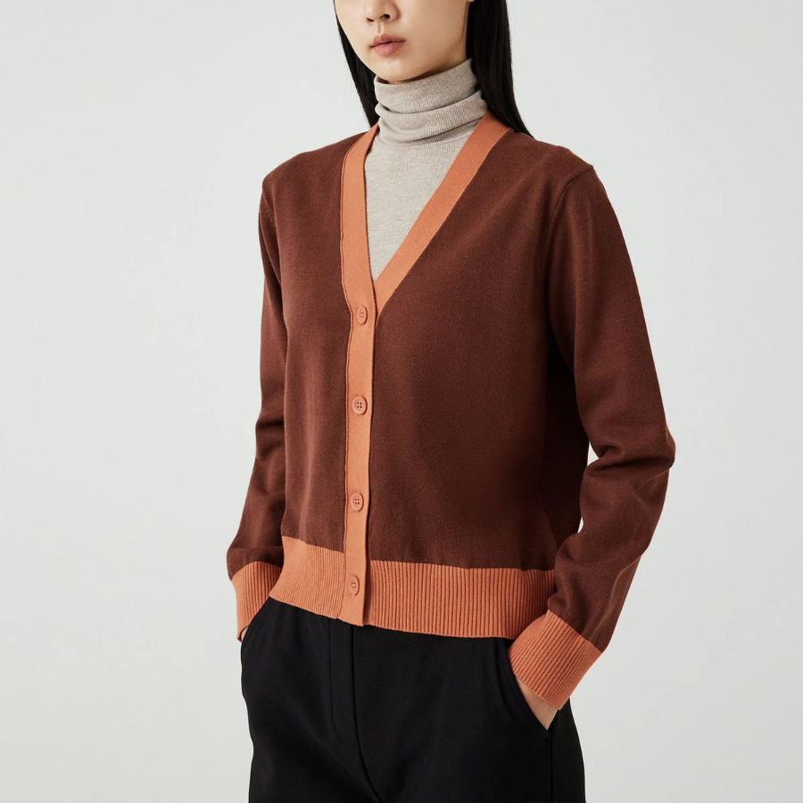 JAJU Contrast Trim Knit Cardigan – Brown