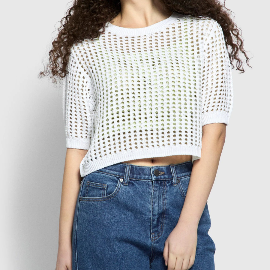 JAJU Crochet Short-Sleeve Knit – White