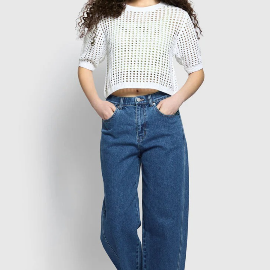 JAJU Crochet Short-Sleeve Knit – White