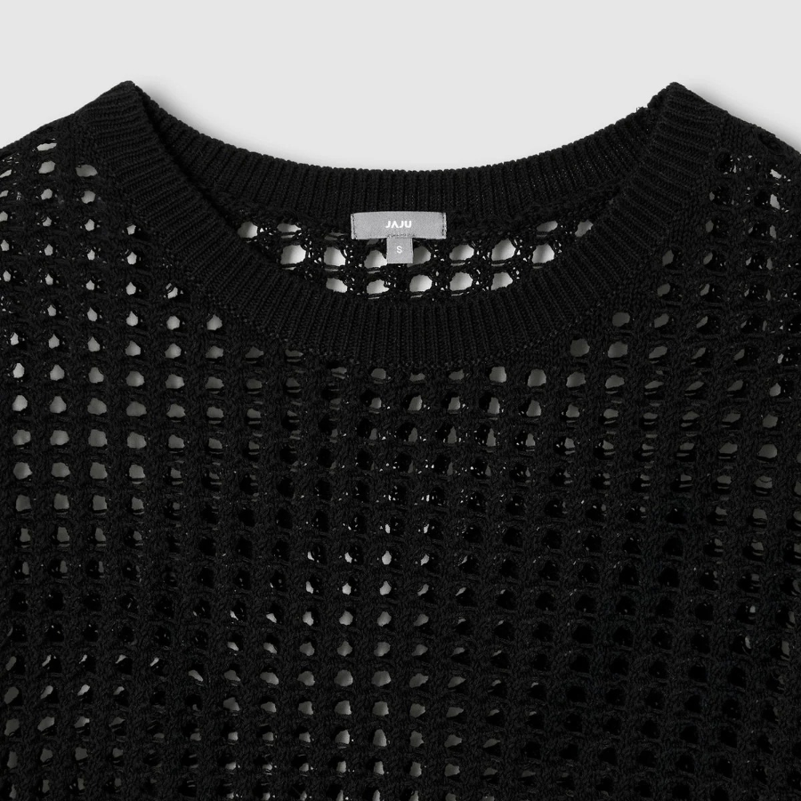 JAJU Crochet Short-Sleeve Knit – Black