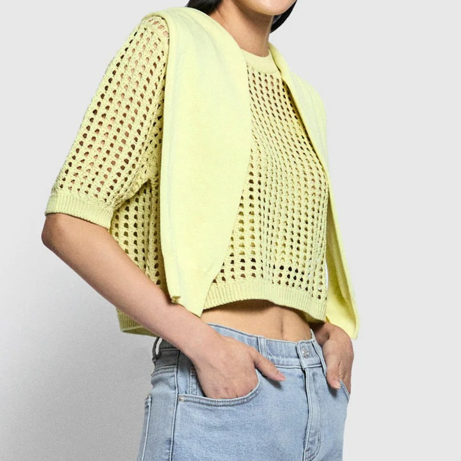 JAJU Crochet Short-Sleeve Knit – Yellow