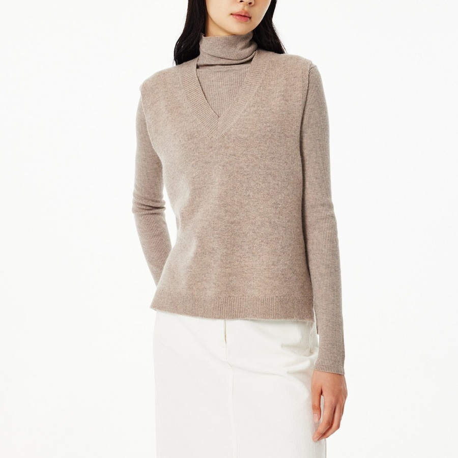 JAJU Merino Wool V-Neck Knit Vest – Beige